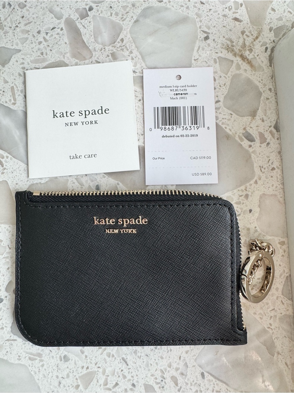 kate spade black leather zip card pouch with keyring